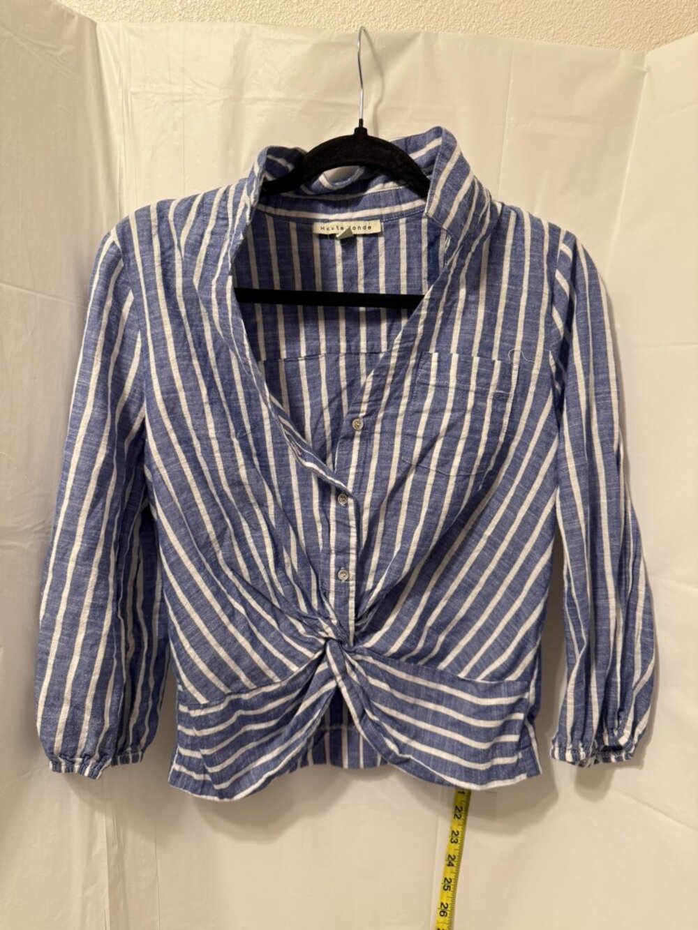 Haute Monde Blue White Striped Twist Front Button Blouse L